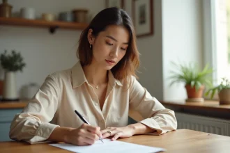 Femme rédigeant une lettre de préavis à la main dans un appartement, assise à une table en bois avec stylo et papier