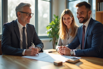 Couple souriant rencontrant un banquier dans un bureau moderne