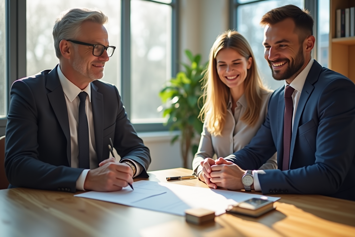Couple souriant rencontrant un banquier dans un bureau moderne