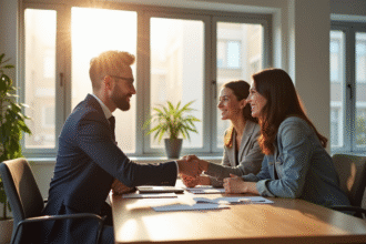 Réunion entre agent immobilier et jeune couple dans un bureau lumineux
