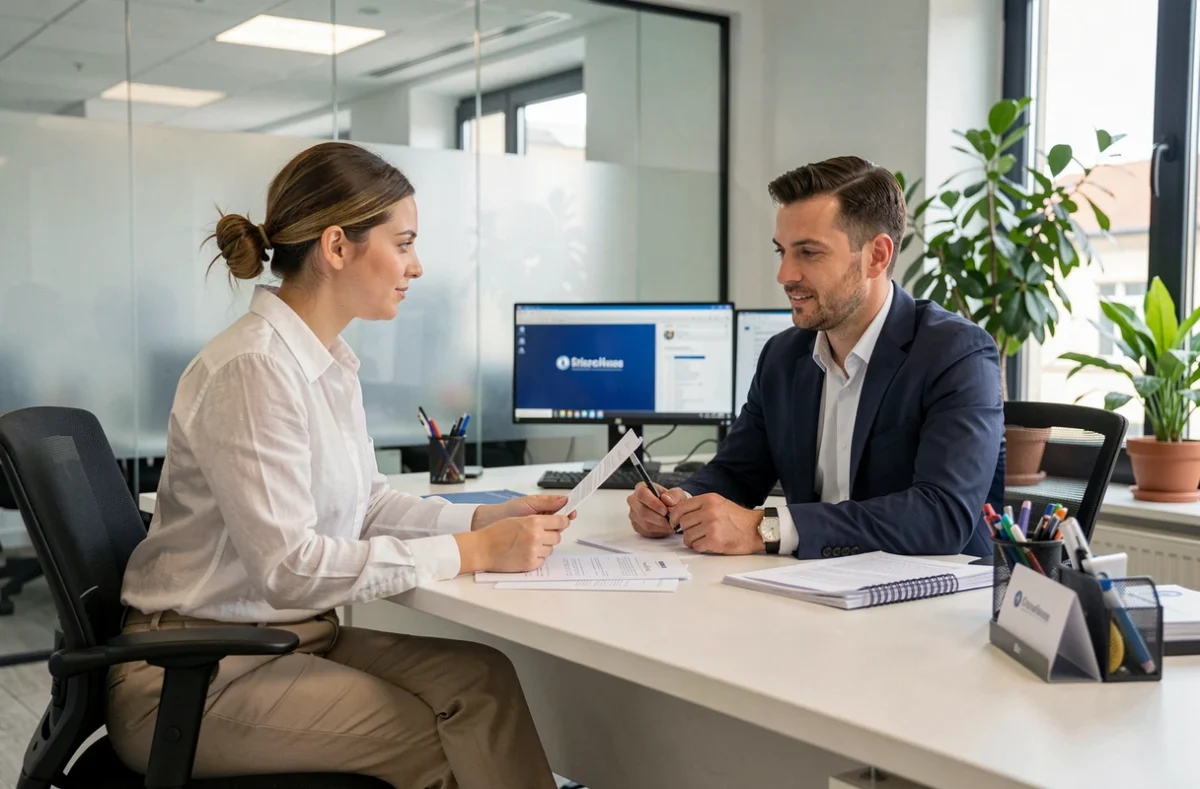 Jeune femme en rendez-vous avec un conseiller pour souscrire une assurance habitation en agence