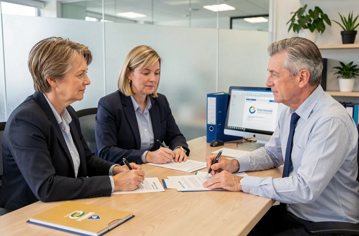 Couple en rendez-vous avec un conseiller pour résilier leur assurance habitation lors d'une vente immobilière