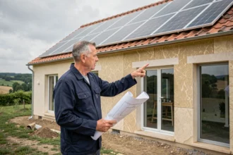 Entrepreneur en rénovation énergétique devant une maison rénovée en Centre-Val de Loire avec panneaux solaires
