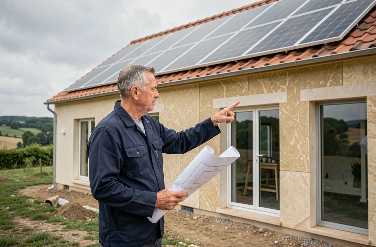 Entrepreneur en rénovation énergétique devant une maison rénovée en Centre-Val de Loire avec panneaux solaires