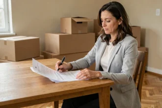 Femme consultant des documents d'assurance habitation avant la vente de son logement
