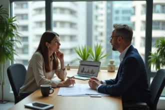 Femme et agent immobilier discutent dans un bureau lumineux