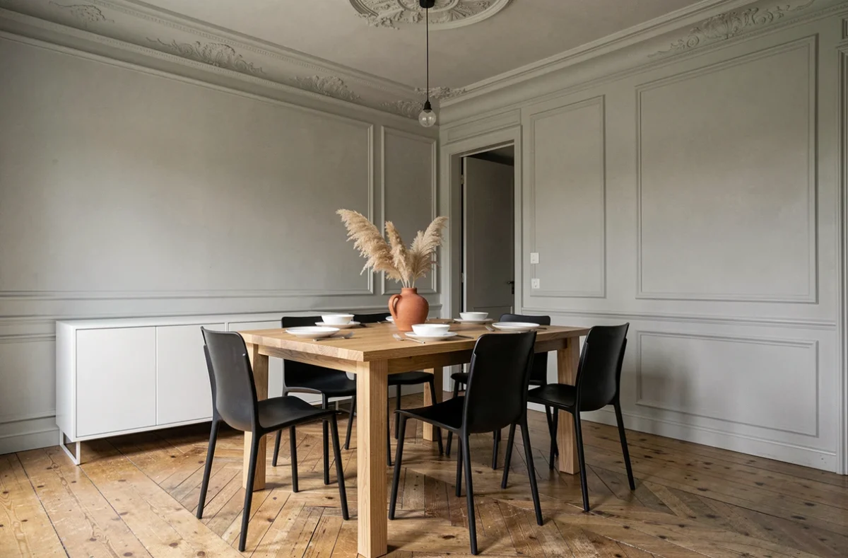 Salle à manger mêlant table en chêne moderne et boiseries haussmanniennes restaurées dans un appartement rénové