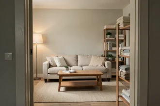 Salon d'appartement meublé conforme à la loi avec canapé, table basse et étagère essentiels pour la location meublée