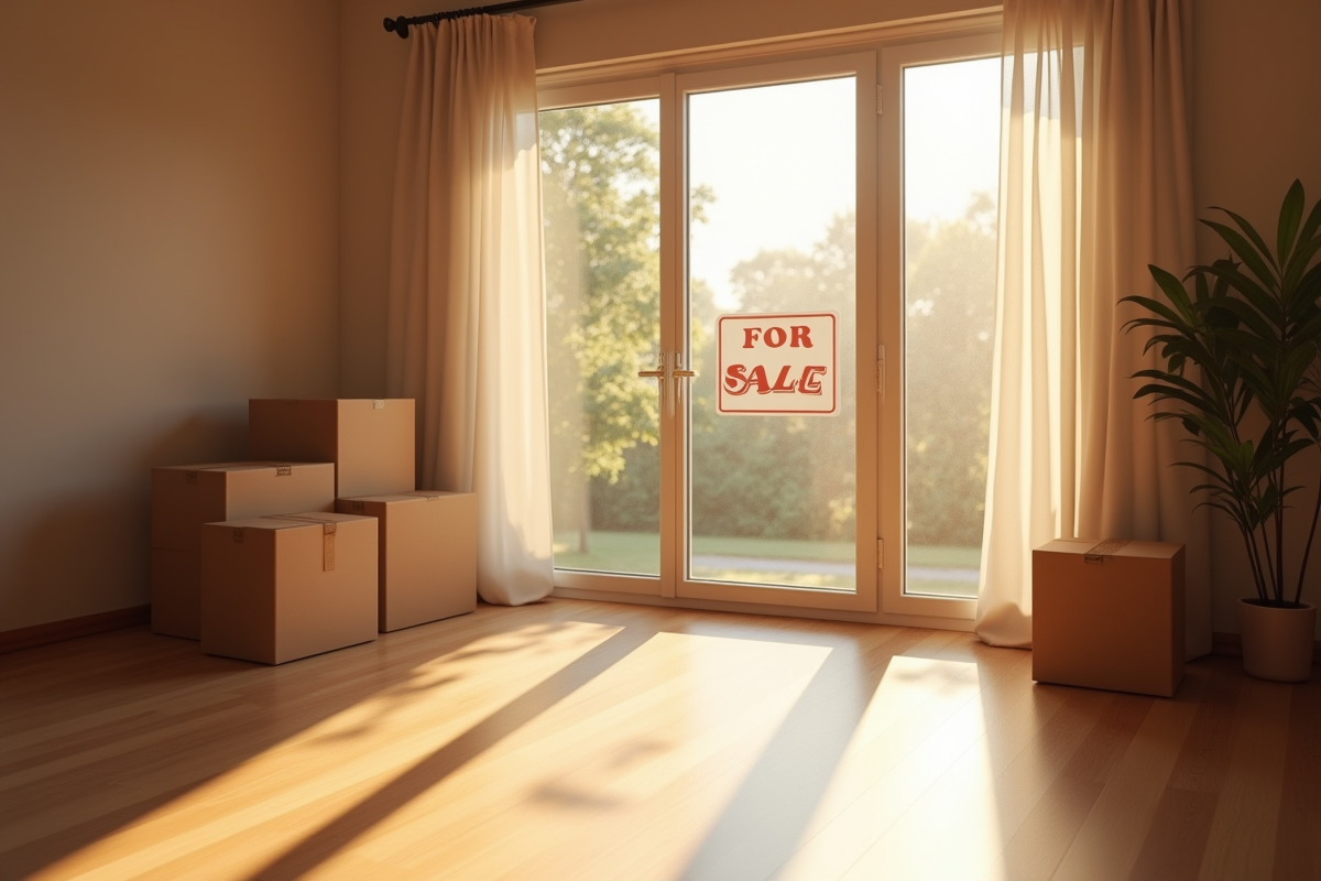 Salon vide avec caisses et panneau vente en vue