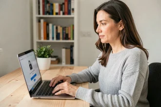 Femme sécurisant son espace client MyFoncia sur un ordinateur portable à domicile