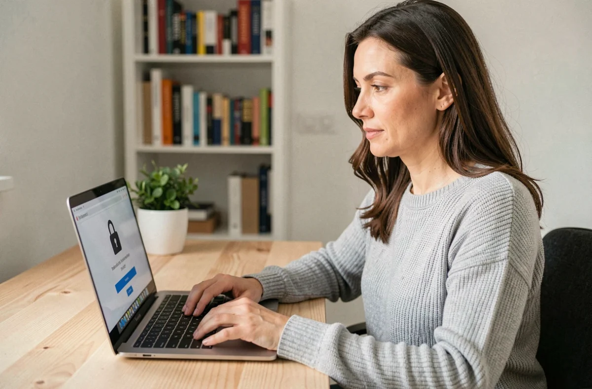 Femme sécurisant son espace client MyFoncia sur un ordinateur portable à domicile