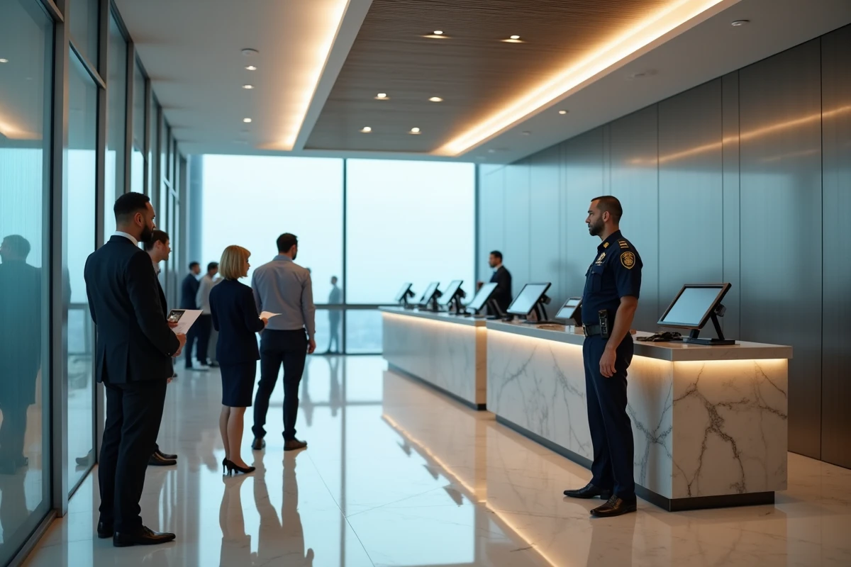 Poste de contrôle de sécurité dans le hall de la tour Almas avec un agent en uniforme et des visiteurs présentant leurs documents