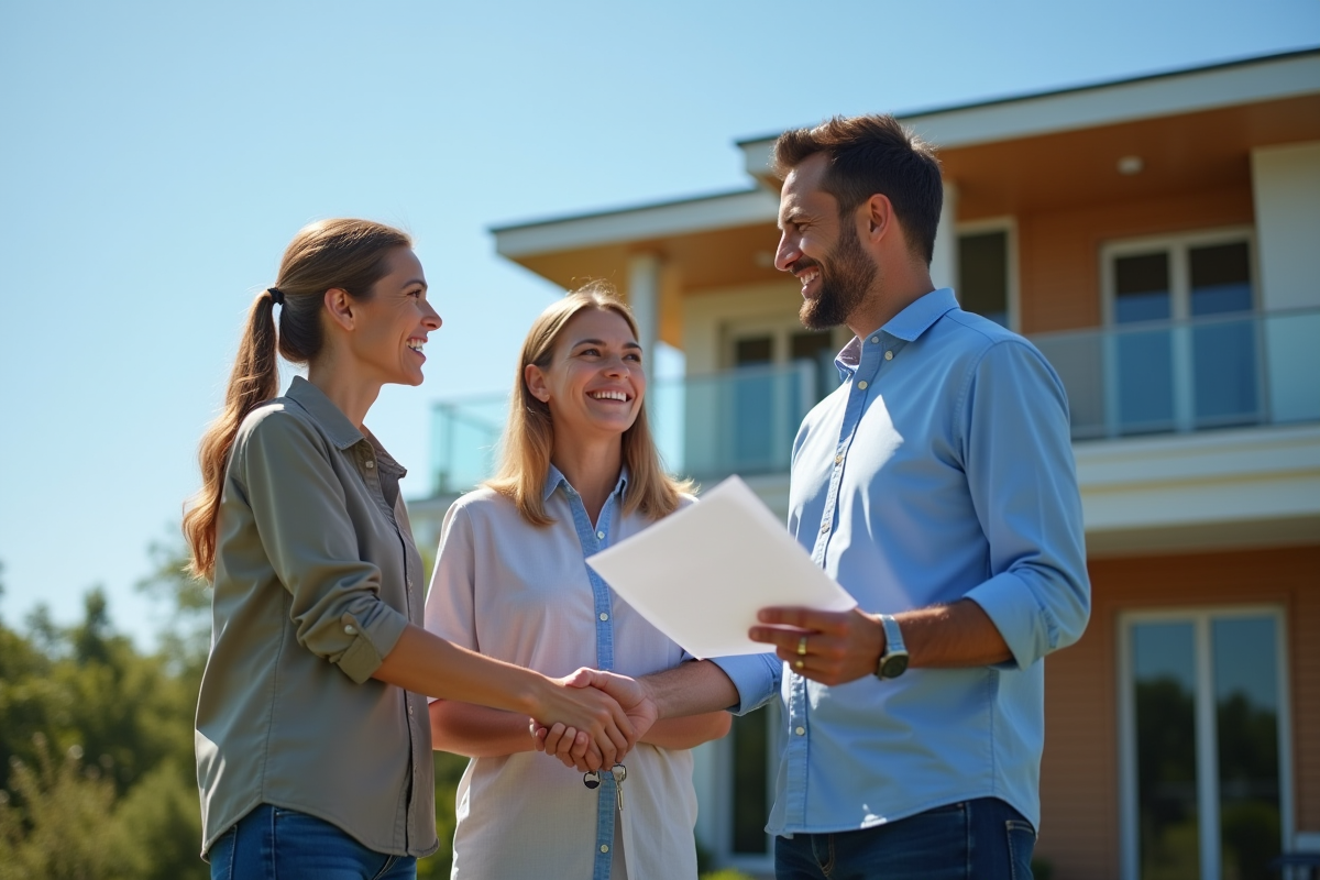 Couple heureux serrant la main d'un propriétaire devant une maison moderne