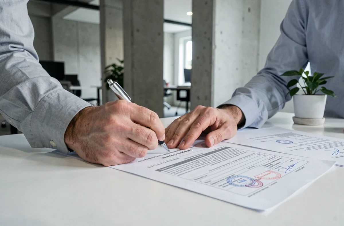 Signature d'un acte de vente immobilière avec frais de notaire dans le cadre d'un montage de revente rapide