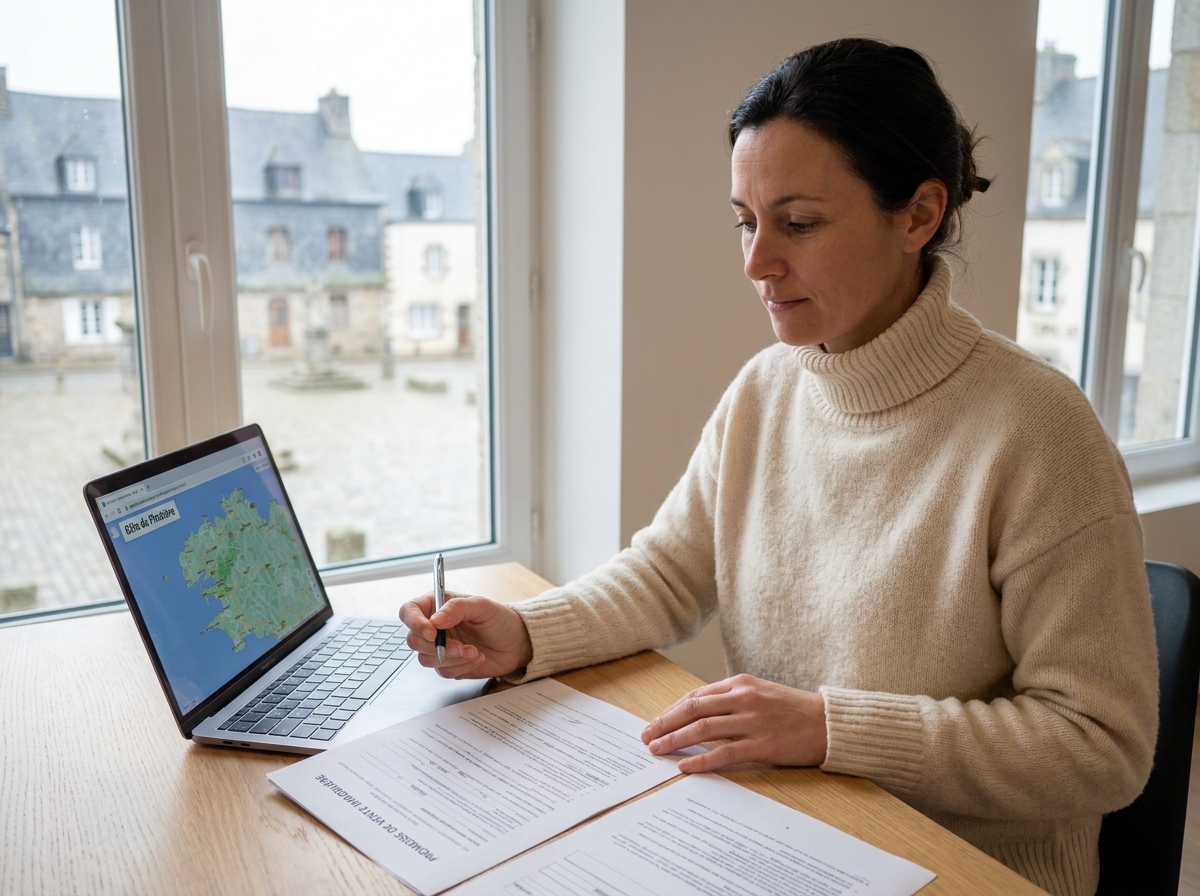 Femme signant un contrat immobilier dans un office notarial avec vue sur une place bretonne