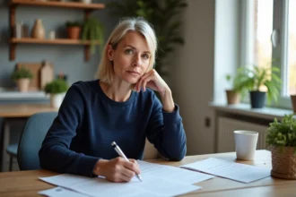 Femme signant un contrat de location dans un appartement lumineux