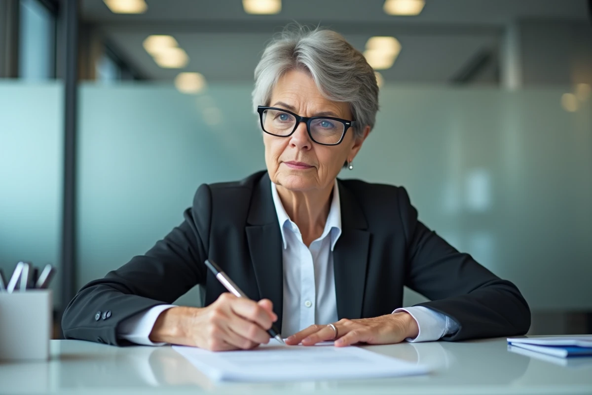 Femme signant une lettre de garant pour étudiant dans un bureau administratif