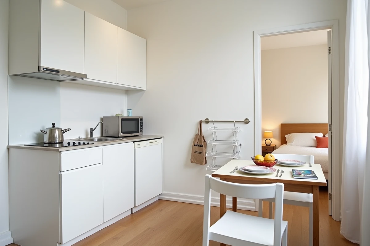 Studio meublé économique à Lisbonne avec cuisine équipée et espace de vie fonctionnel pour un séjour d'un mois