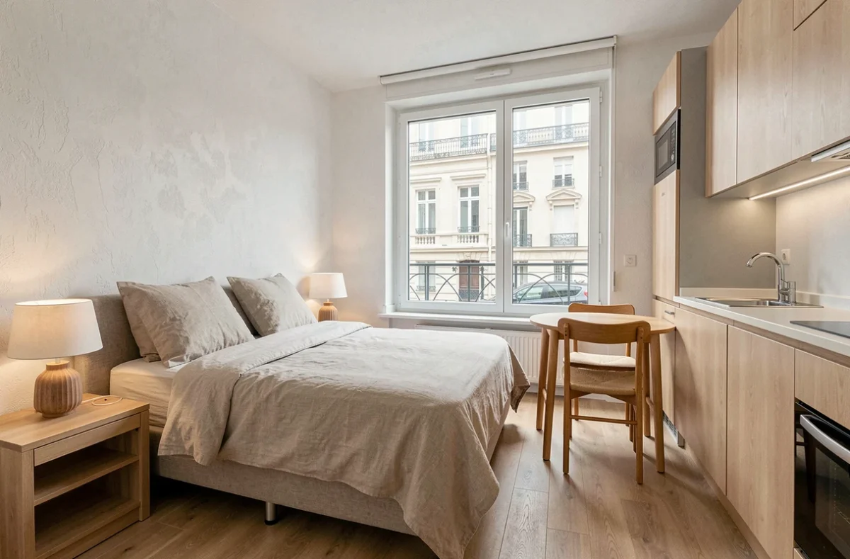 Studio meublé clé en main moderne à La Roche sur Yon avec lit, table et cuisine équipée