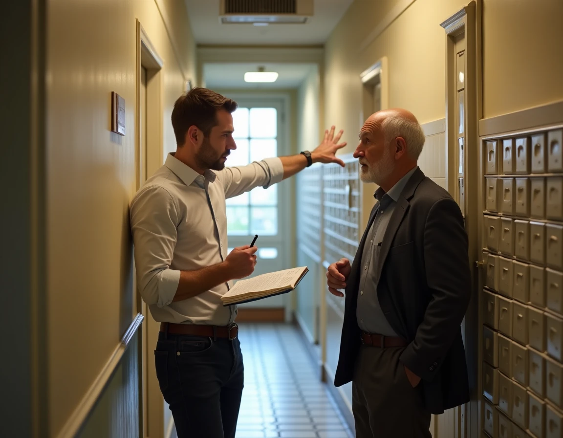Syndic de copropriété discutant de problèmes de VMC avec un résident dans la cage d'escalier