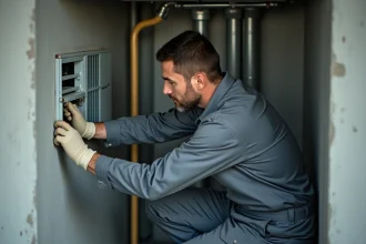 Technicien inspectant une unité VMC dans le sous-sol d'une copropriété résidentielle
