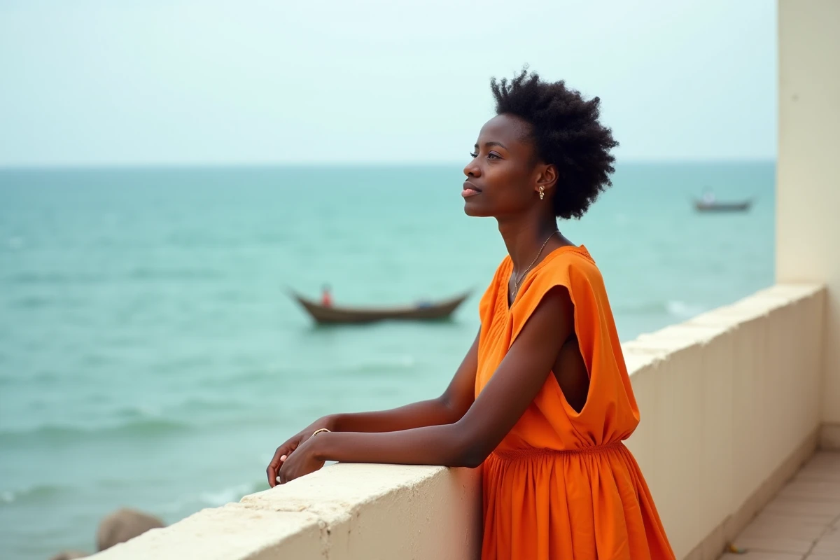 Femme en boubou orange profitant de la vue sur la mer depuis la terrasse d'un appartement en location à Dakar