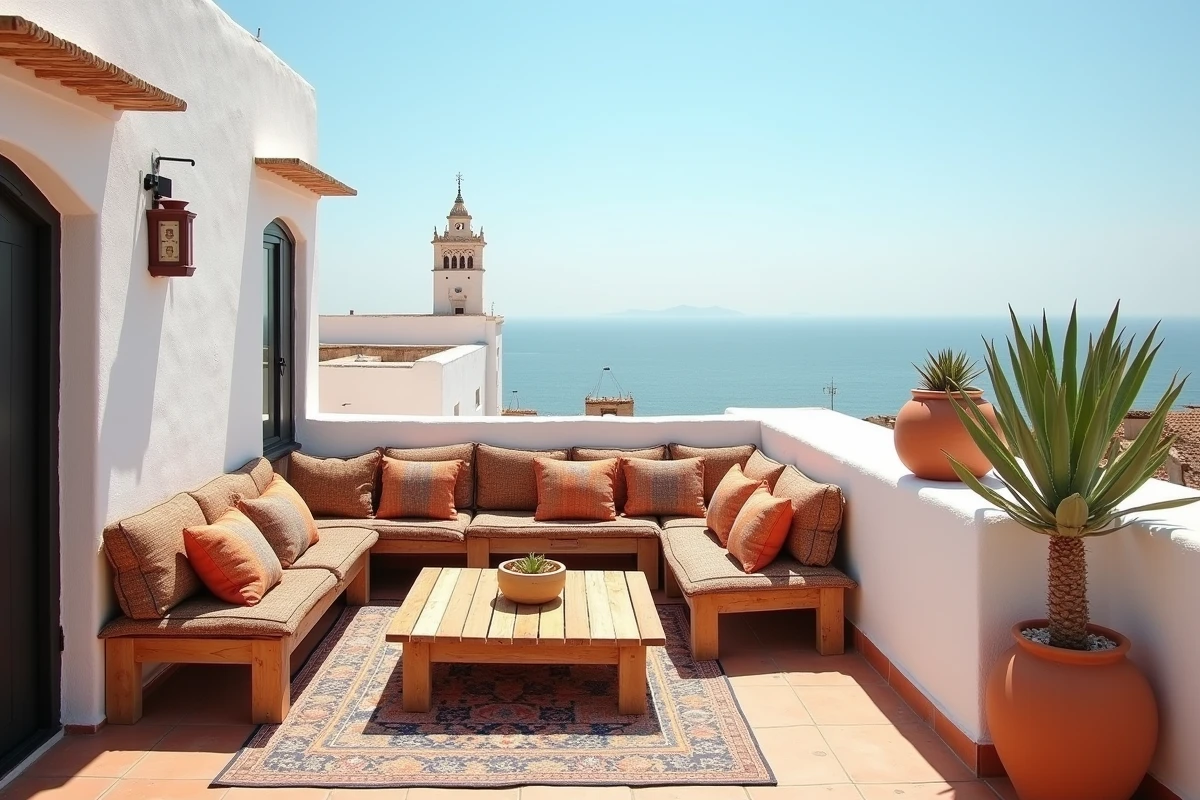 Terrasse d'une maison de location saisonnière à Essaouira avec vue sur la médina et l'océan Atlantique