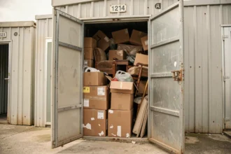 Box de stockage abandonné ouvert lors d'une vente aux enchères en France, rempli de cartons et de meubles entassés