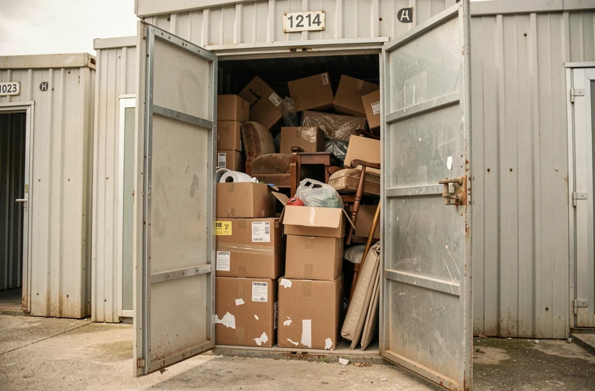 Box de stockage abandonné ouvert lors d'une vente aux enchères en France, rempli de cartons et de meubles entassés