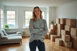 Femme seule dans un salon avec cartons de déménagement lors d'une vente immobilière urgente pour divorce