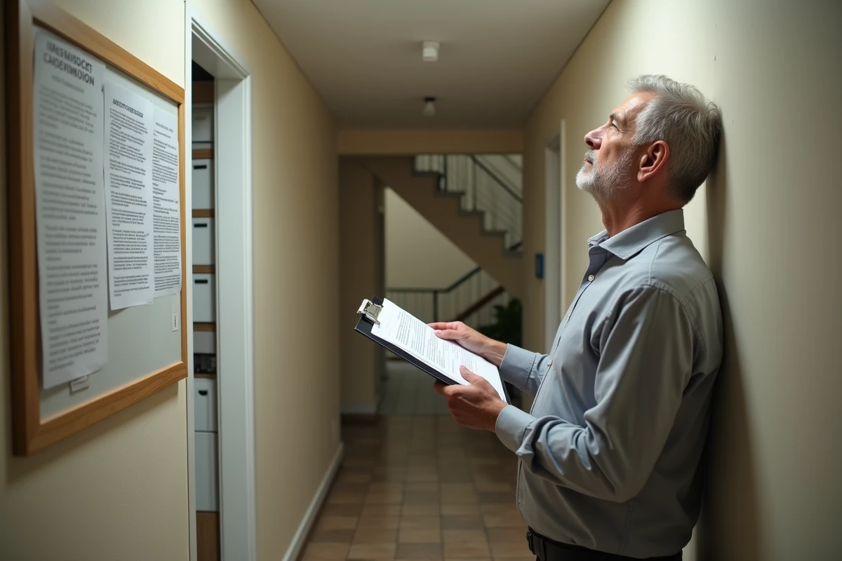 Propriétaire vérifiant les documents réglementaires ERRIAL dans le hall d'entrée d'une copropriété