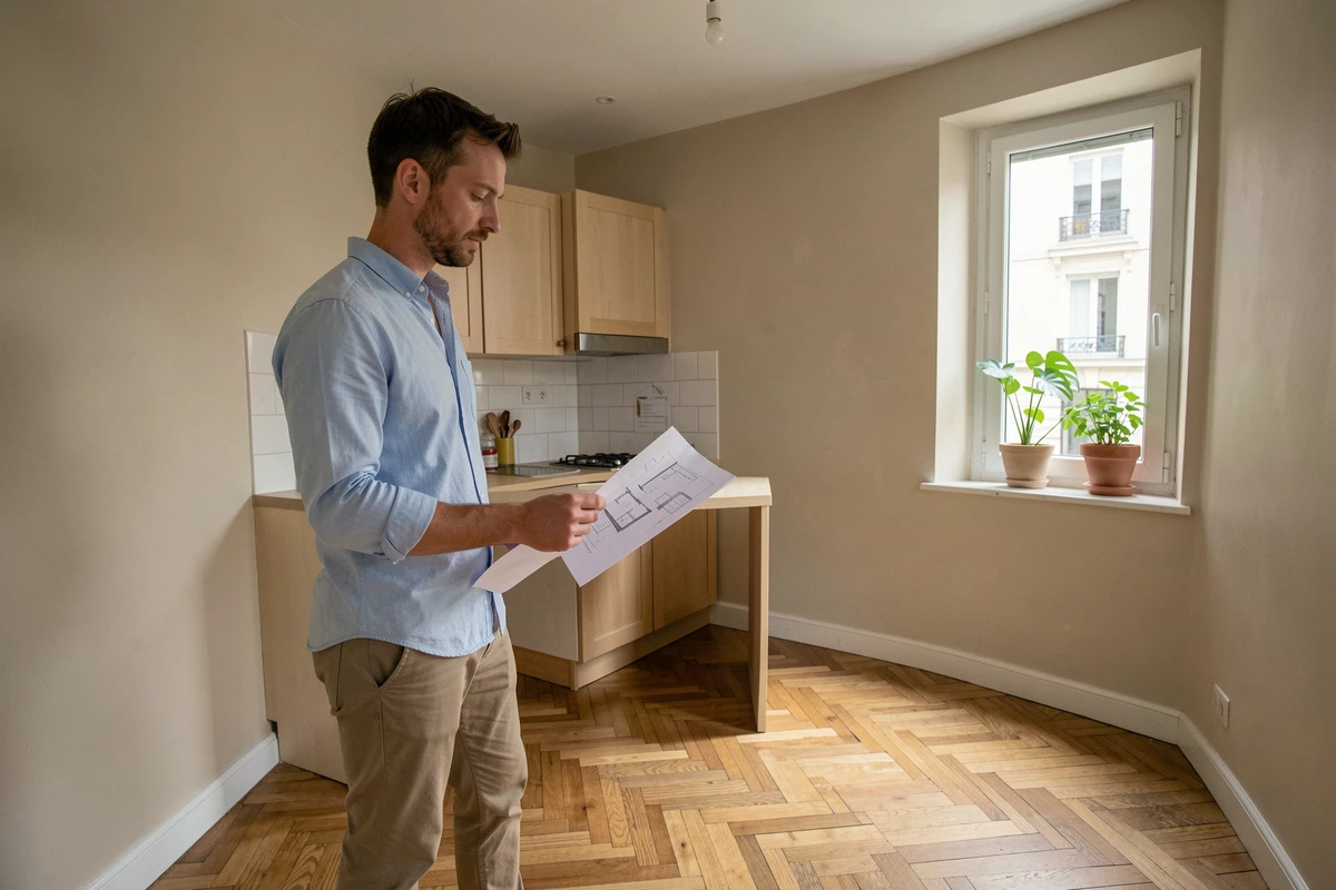 Homme visitant un appartement T2 avec plan en main lors d'une visite immobilière