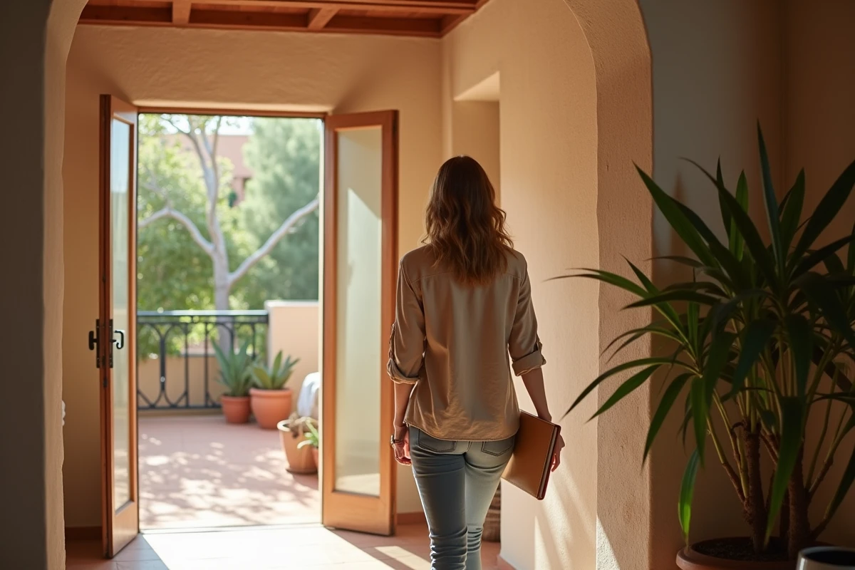 Visite d'une maison à louer à Essaouira avec accès jardin terrasse, femme explorant un bien immobilier authentique chez un particulier pour une installation durable