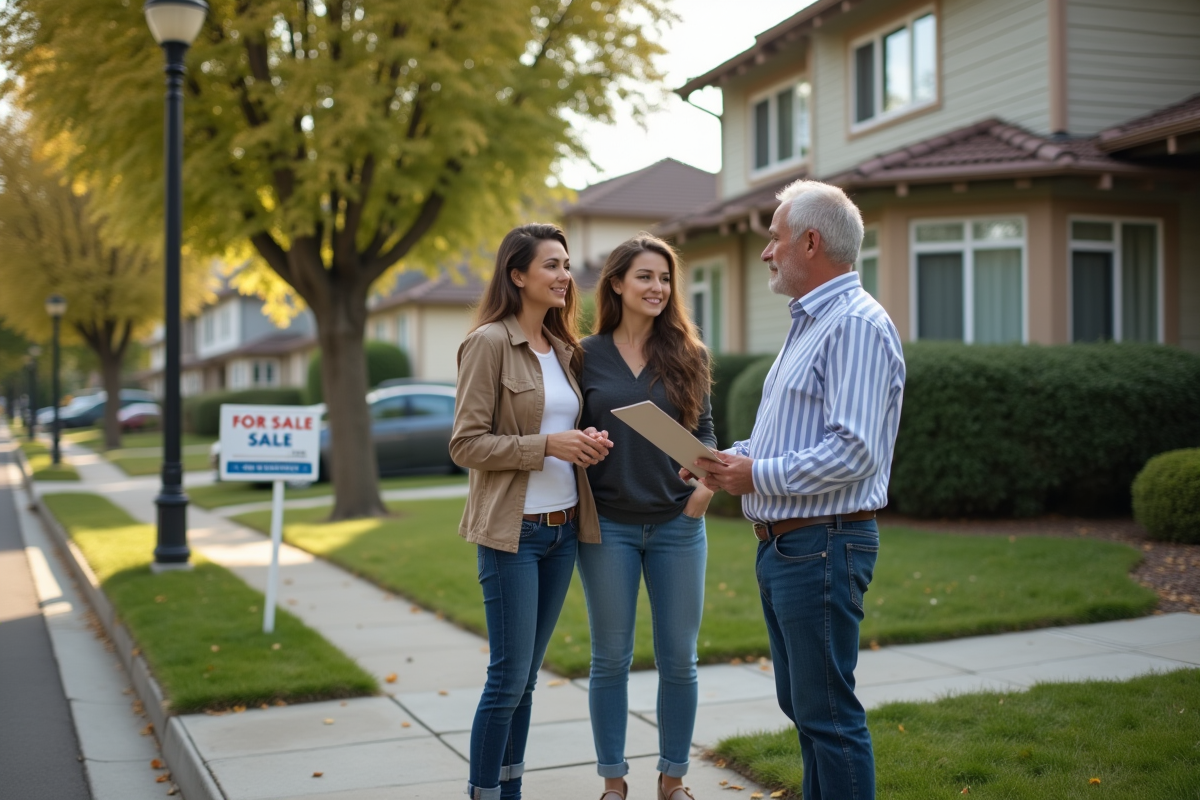 Couple devant une maison avec panneau vente dans un quartier résidentiel