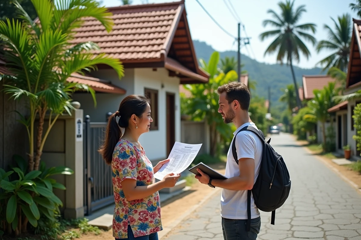Agent immobilière thaïlandaise présentant une maison traditionnelle à un acheteur étranger dans un quartier résidentiel en Thaïlande