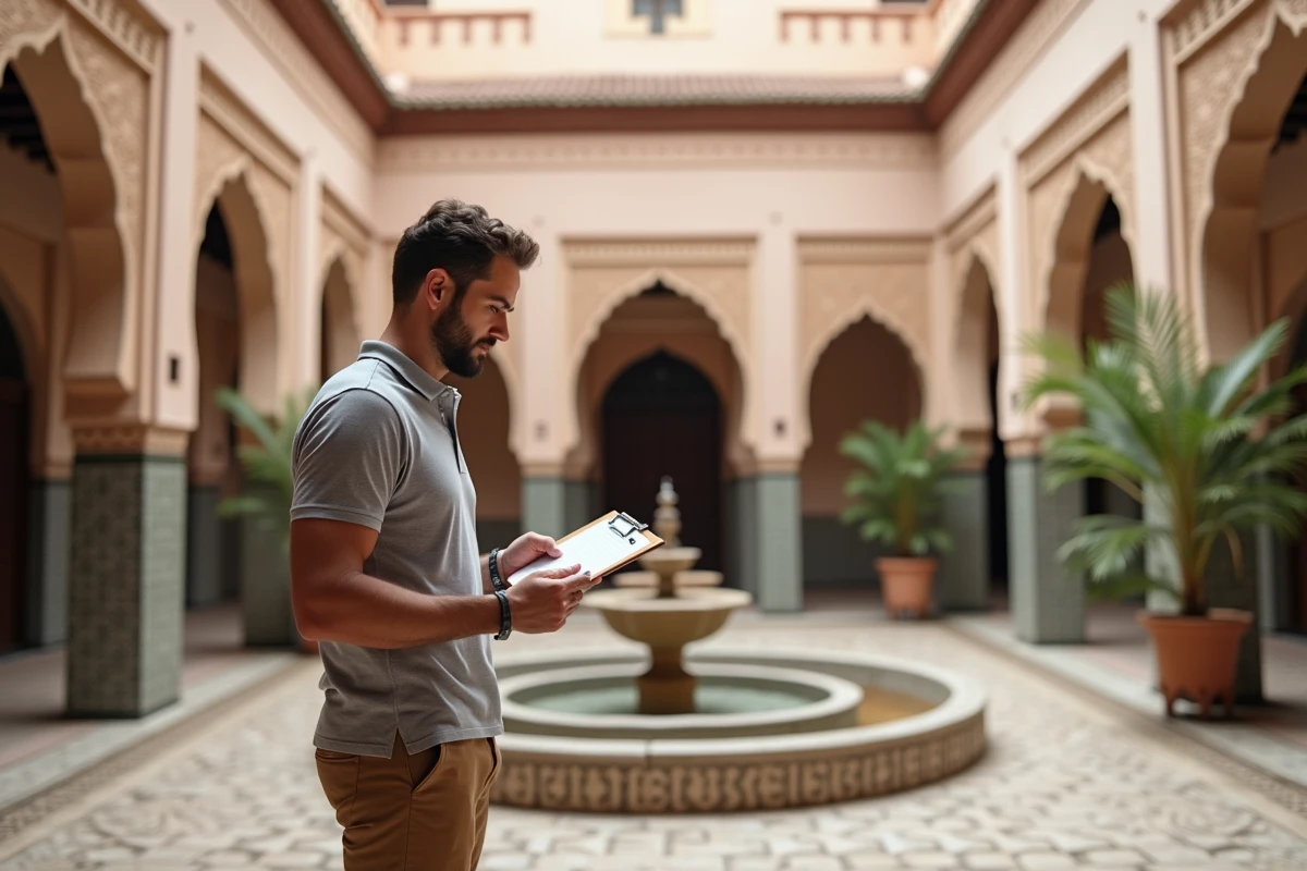 Acheteur inspectant le patio d'un riad traditionnel à Marrakech lors d'une visite immobilière