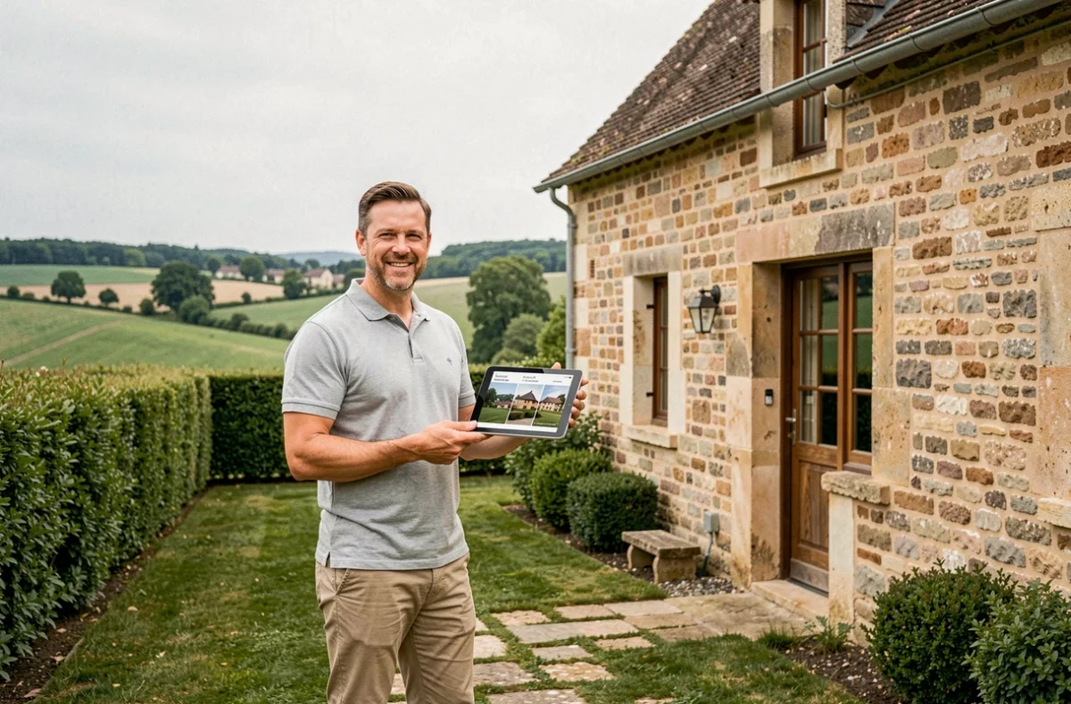 Agent de VIVRE ICI Loire Authion présentant une maison traditionnelle en pierre de tuffeau dans la campagne angevine