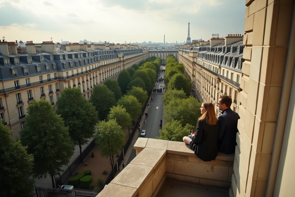 Vue depuis un appartement haussmannien sur un square arboré du 7e arrondissement de Paris