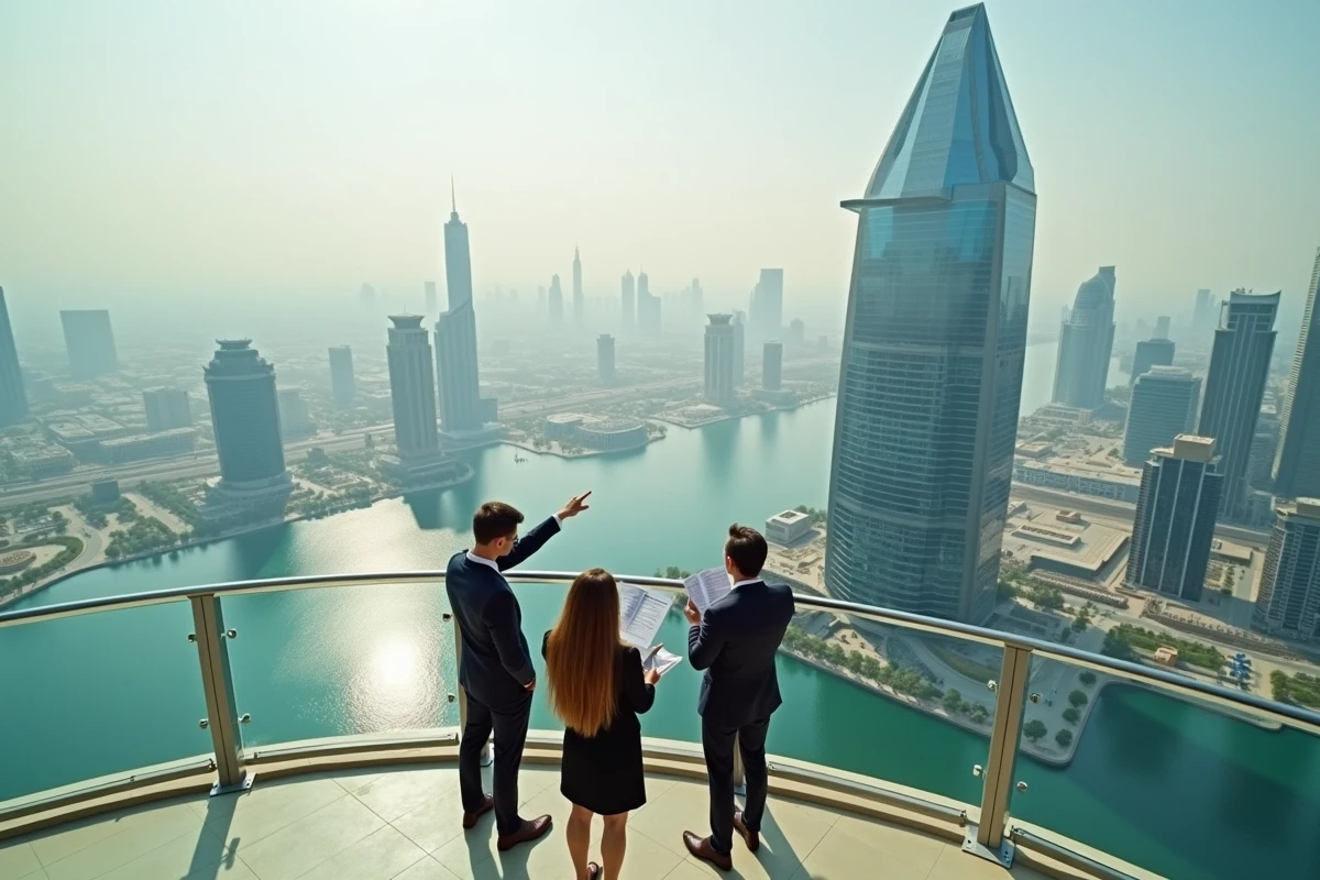 Vue panoramique de la tour Almas dominant le quartier Jumeirah Lakes Towers avec des visiteurs consultant un guide sur une terrasse extérieure